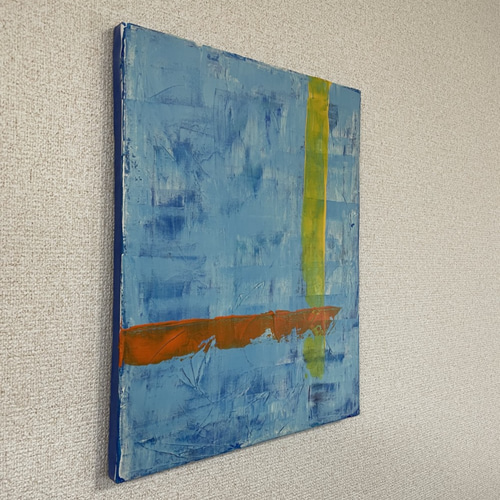 手描き抽象画（アクリル画）：「水の流れ Water flow」＜裏面に詩の