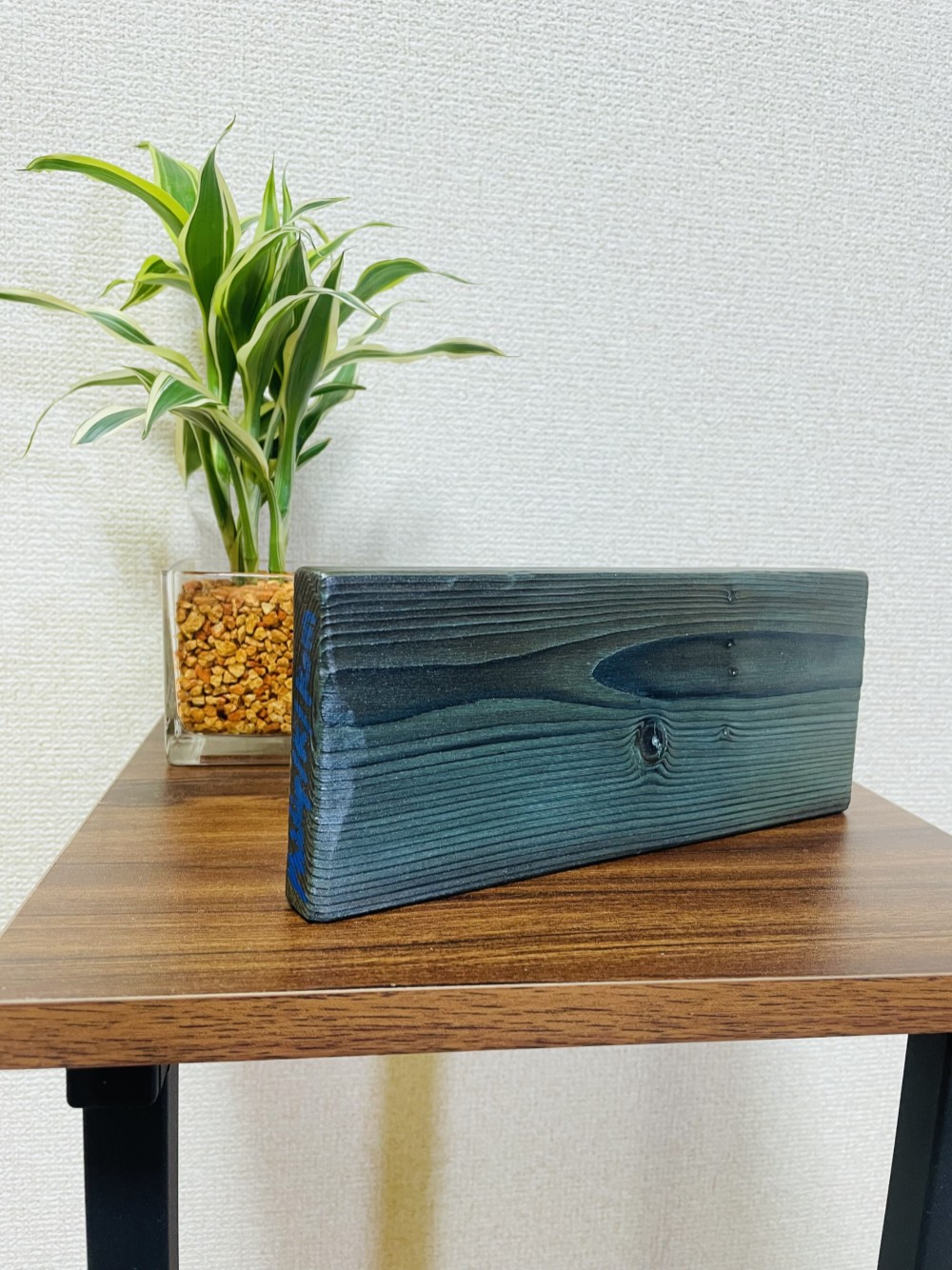 手作り木目アート：「Turquoise blue × Orange」＜裏表で別の色が楽しめます＞ 21.5×8.8cm