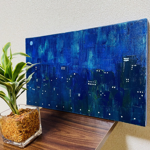 手描き抽象画（油絵）：「月の夜景 Moon night view」＜裏面に詩