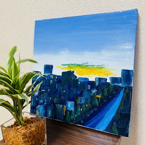 手描き抽象画（油絵）：「黄昏時 Twilight」＜裏面に詩の記載付き