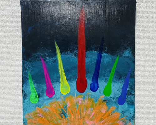 手描き抽象画（アクリル画）：「昇陽 Sunrise」＜裏面に詩の記載付き