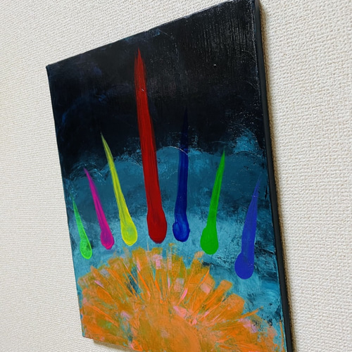 手描き抽象画（アクリル画）：「昇陽 Sunrise」＜裏面に詩の記載付き