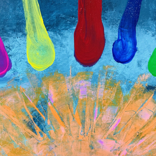 手描き抽象画（アクリル画）：「昇陽 Sunrise」＜裏面に詩の記載付き