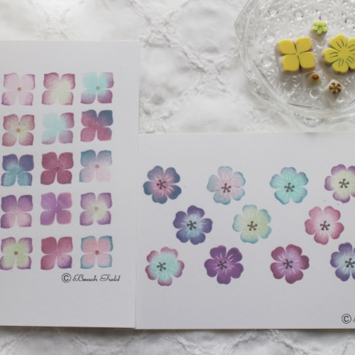 紫陽花とネモフィラの 多色押し 消しゴムはんこ カード付き はんこ