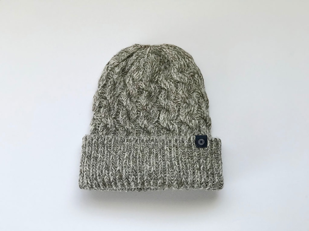 ウール/麻のぽっこりニット帽　アラン模様　ベージュ杢