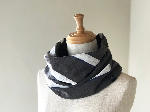 Sarafuwa Cotton Linen Twisted Snood Rangement 條紋灰色/白色/海軍藍 第2張的照片