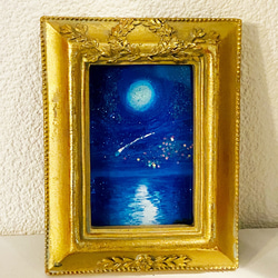 油絵 ミニ色紙 【スーパーブルームーンと海】 絵画 HR 通販