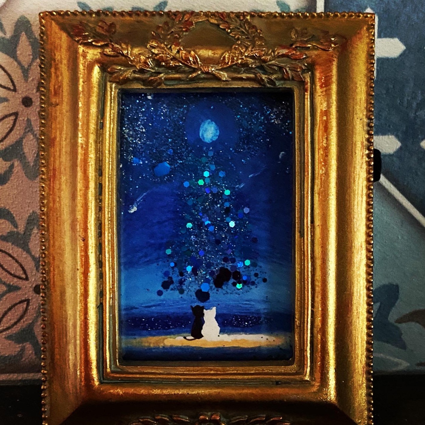 自作絵画 青い車でどこへ行こう 猫とうさぎの絵 夜空の