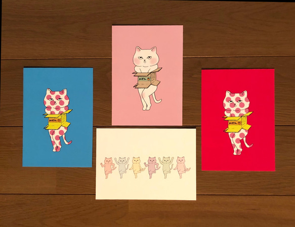 ネコポストカード　段ボールネコと6匹のdancer 四種セット 2枚目の画像
