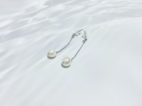 7mm圓形珍珠耳環（銀鍊）～Akoya珍珠白～ 第3張的照片