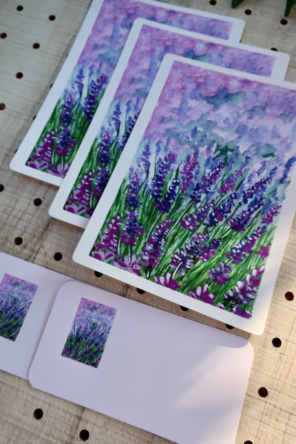 3枚セット, ラベンダー畑風景 水彩画イラストポストカード 2枚目の画像