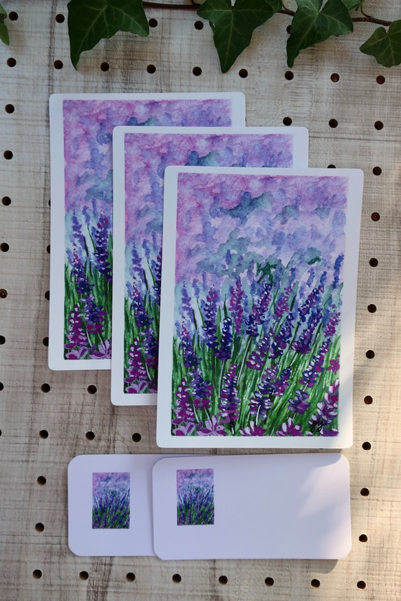 3枚セット, ラベンダー畑風景 水彩画イラストポストカード 4枚目の画像