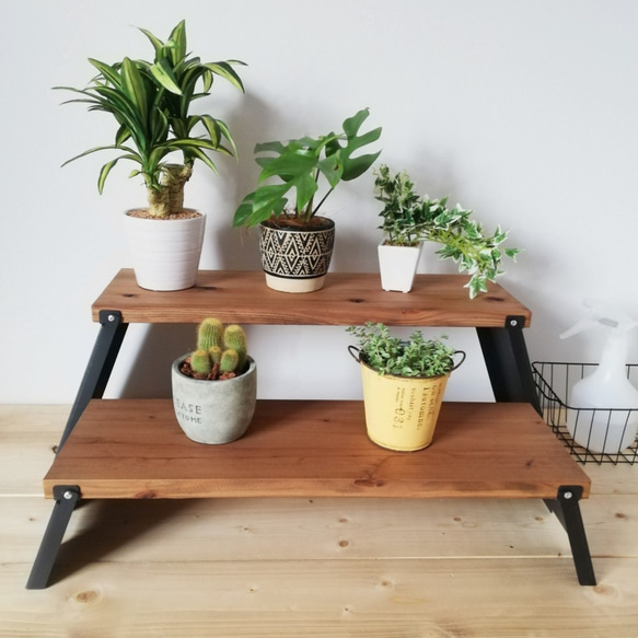 フラワースタンド セット品 無垢材 ラック 植木 花台 プランタースタンド ガーデンラック シェルフ アイアン 2枚目の画像