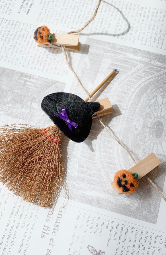 ハロウィンのガーランド 木製 ウッドピンチ 羊毛フェルト クリップ