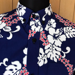 手作りのポリエステル縮緬生地メンズかりゆしMサイズ紺色のマオカラー 手作りのポリエステル縮緬生地メンズかりゆしMサイズ紺色のマオカラー