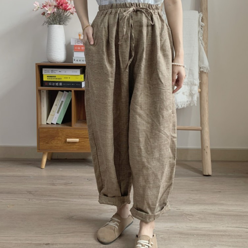 秋 チェック柄キャロットパンツ リネンコットン カジュアルパンツ