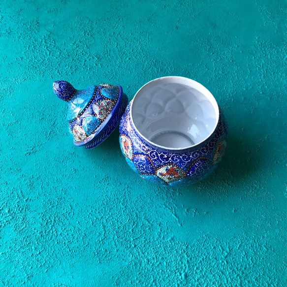 ペルシャのエナメル壺  シュガーポット Mサイズ【ミーナーカーリーGM002】 4枚目の画像