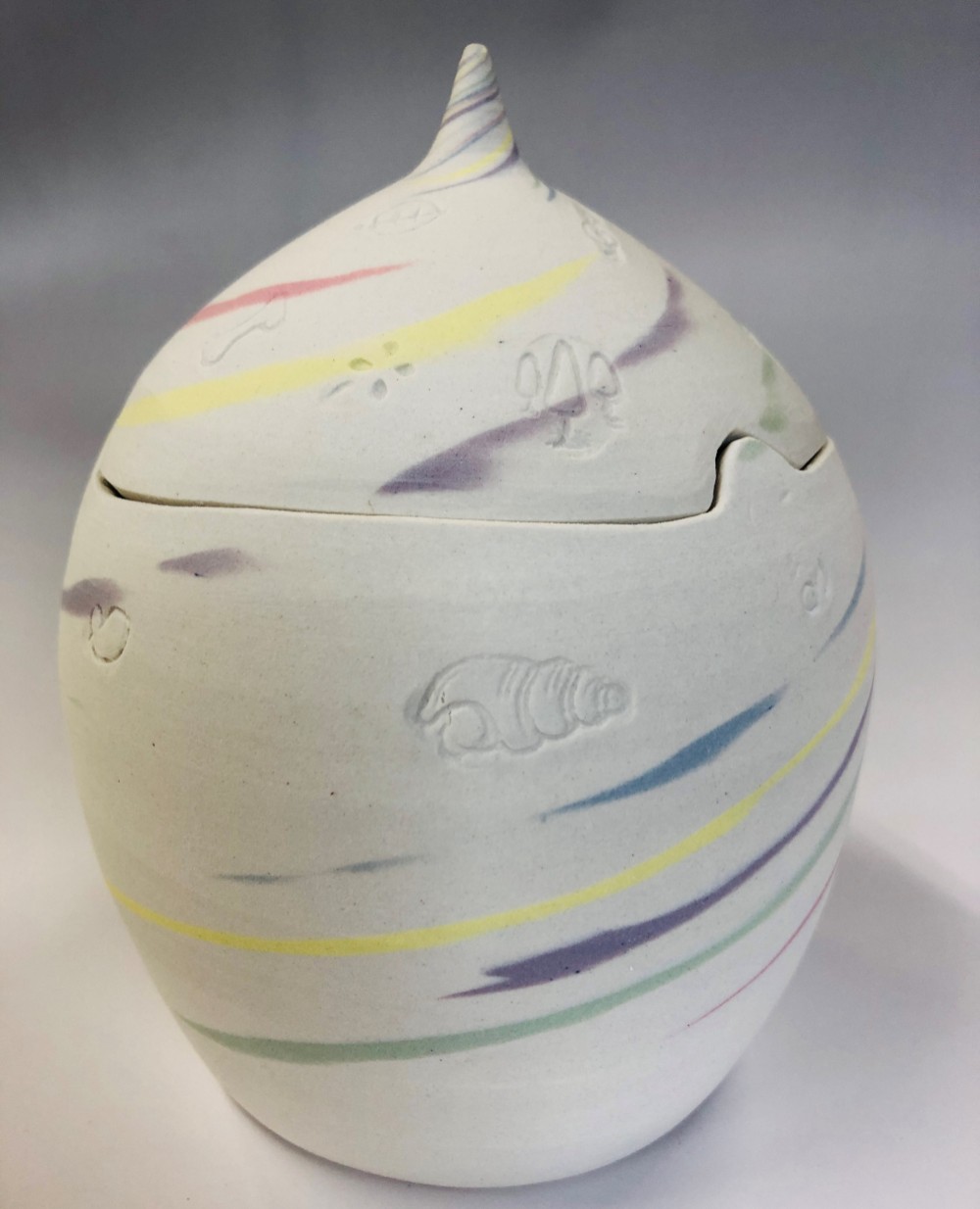 メモリアルポット（ペット・小型犬・猫・小動物の骨壺、陶器）パステルカラー、可愛いスタンプ模様　№２（お手元供養）