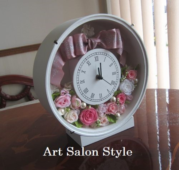 【プリザーブドフラワー】花時計(丸型)　リボンピンク　ウエディングの贈呈花 3枚目の画像