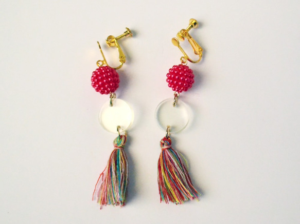 Chips Earrings 15 / アクリルパーツとタッセルの大ぶりイヤリング 2枚目の画像