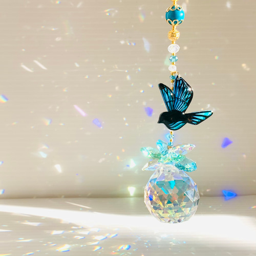 30cm】幸せを呼ぶ「青い鳥」 サンキャッチャー｜ターコイズ天然石｜光