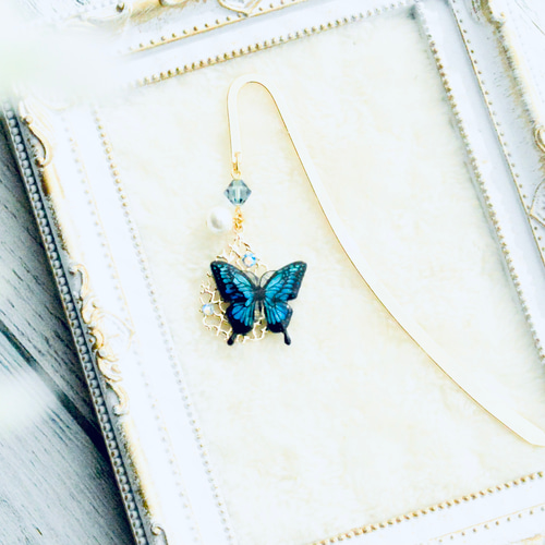 幸せ運ぶ「青い蝶」ブックマーカー しおり・ブックマーク handcraft F+