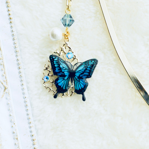 幸せ運ぶ「青い蝶」ブックマーカー しおり・ブックマーク handcraft F+