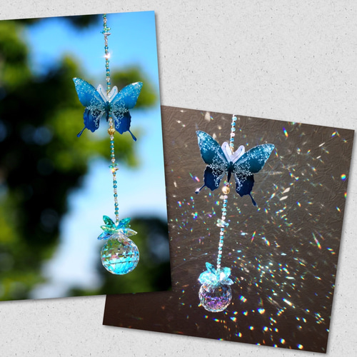 スワロフスキー19個】幸運の光☆神秘の「碧い蝶」サンキャッチャー／約
