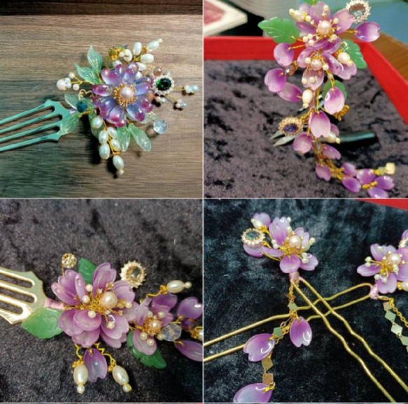 原創紫籐琉璃花鑽石整套簪釵梳(流蘇可拆卸) 第1張的照片