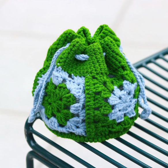花樣束口手提鉤織編織包 - 藍綠織片 CB003-014 第3張的照片