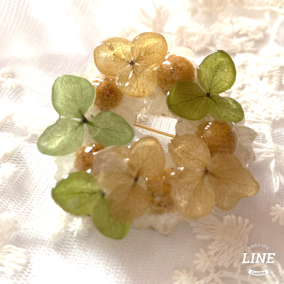 押し花 森ガール風リースブローチ 花かんざし 紫陽花 ブローチ komo 