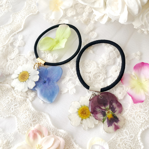 押し花 ビオラとノースポールのヘアゴム レジンヘアアクセサリー 
