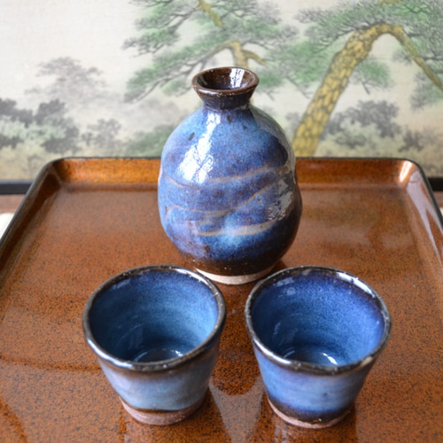 萩焼き お洒落な酒器セット 徳利＋ぐい吞み2個(ブルー