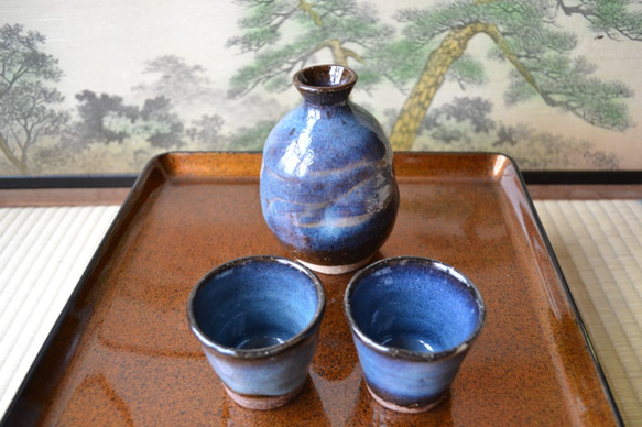 萩焼き お洒落な酒器セット 徳利＋ぐい吞み2個(ブルー