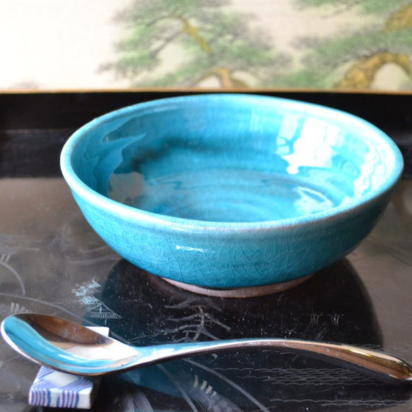 【再入荷！】　ターコイズブルー　スープ皿(大)　スープカップ　　★萩焼 1枚目の画像