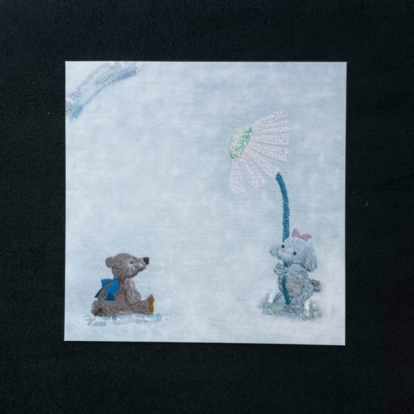 刺繍をプリントした正方形メッセージカード〈5枚セット〉クマとウサギのぬいぐるみ刺繍 3枚目の画像