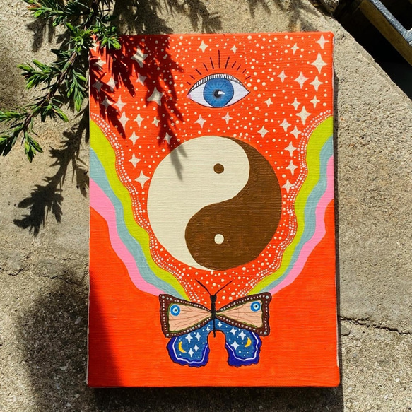 陰陽と蝶サイケデリックキャンバスアート　ヒッピー　yin yang art 1枚目の画像