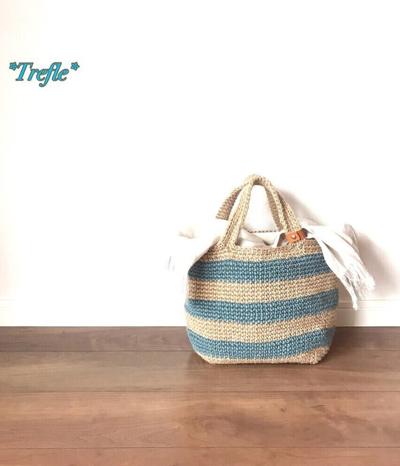 【最終お値下げ.新品：ボーダーデザインのかごバッグ】 2025 麻ひもボーダーバッグ（内布、リネンストールカバー付き