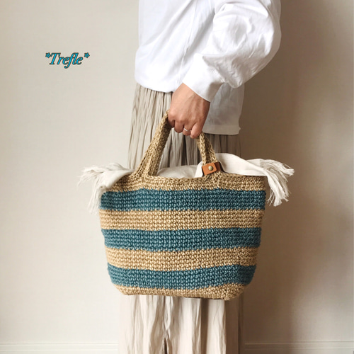 【最終お値下げ.新品：ボーダーデザインのかごバッグ】 2025 麻ひもボーダーバッグ（内布、リネンストールカバー付き