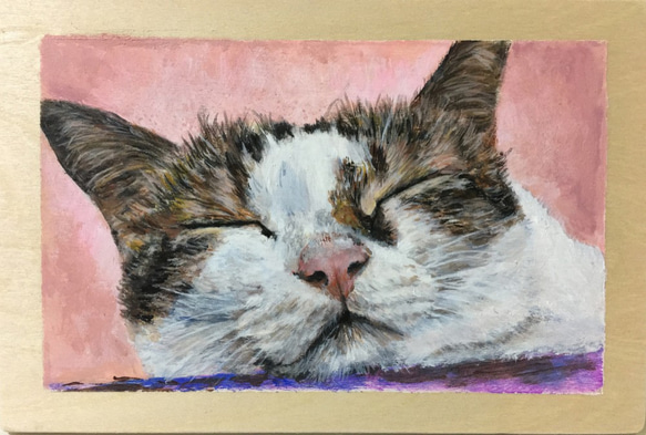 鯛焼きを咥えた猫油絵原画ミニ絵画オリジナル手描き