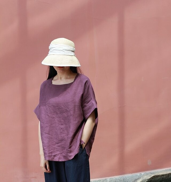 大人かわいい 夏 リネン ブラウス トップス 半袖 無地 紫 4枚目の画像