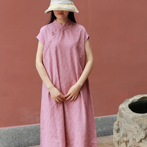 Aライン カジュアルワンピース 花柄 ピンク チャイナボタン ワンピース  