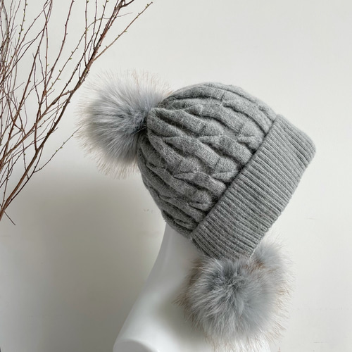 編み物 防寒 秋冬 耳当て付きニット帽子 ポンポン付き ニット帽