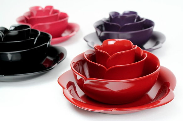 香川漆器 薔薇(ピンク) 湯のみ、お椀、丼、お皿４点セット 5枚目の画像