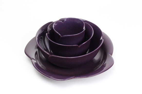 香川漆器玫瑰（紫色）熱水，碗，碗，盤子4件套 第1張的照片