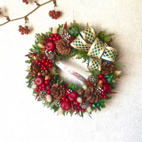 ☆新品未開封☆ファミリア クリスマスリース リンゴ赤チェック柄 待ち