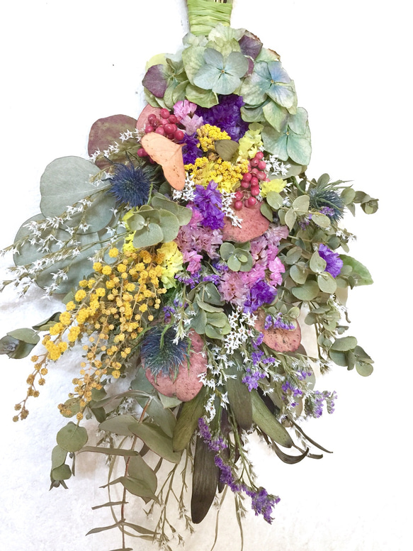 【再販、受注制作】ユーカリとリューカデンドロン&紫陽花とミモザのサマースワッグ 2枚目の画像