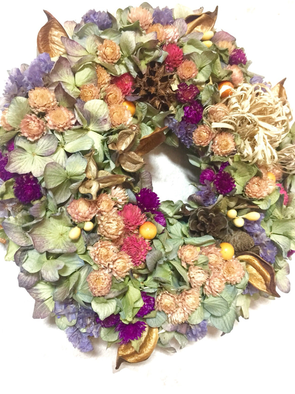紫陽花&千日紅と木ノ実のリース✿母の日✿ 2枚目の画像