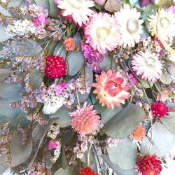 【再販、受注制作】スモークポポラスユーカリと千日紅&紫陽花と貝殻草スワッグ 4枚目の画像