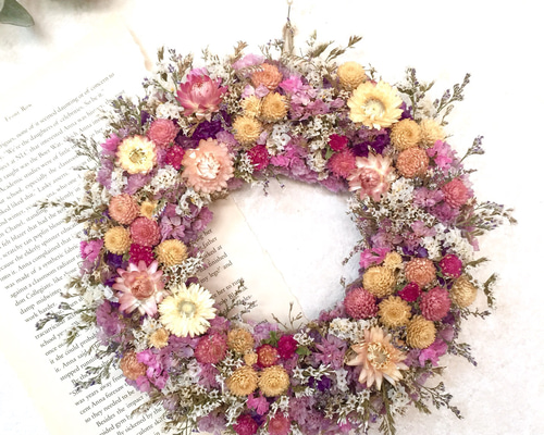 ブルーファンタジアとチガヤのリース ハーフリース ブルーファンタジアのハーフリース ドライフラワー viento 通販